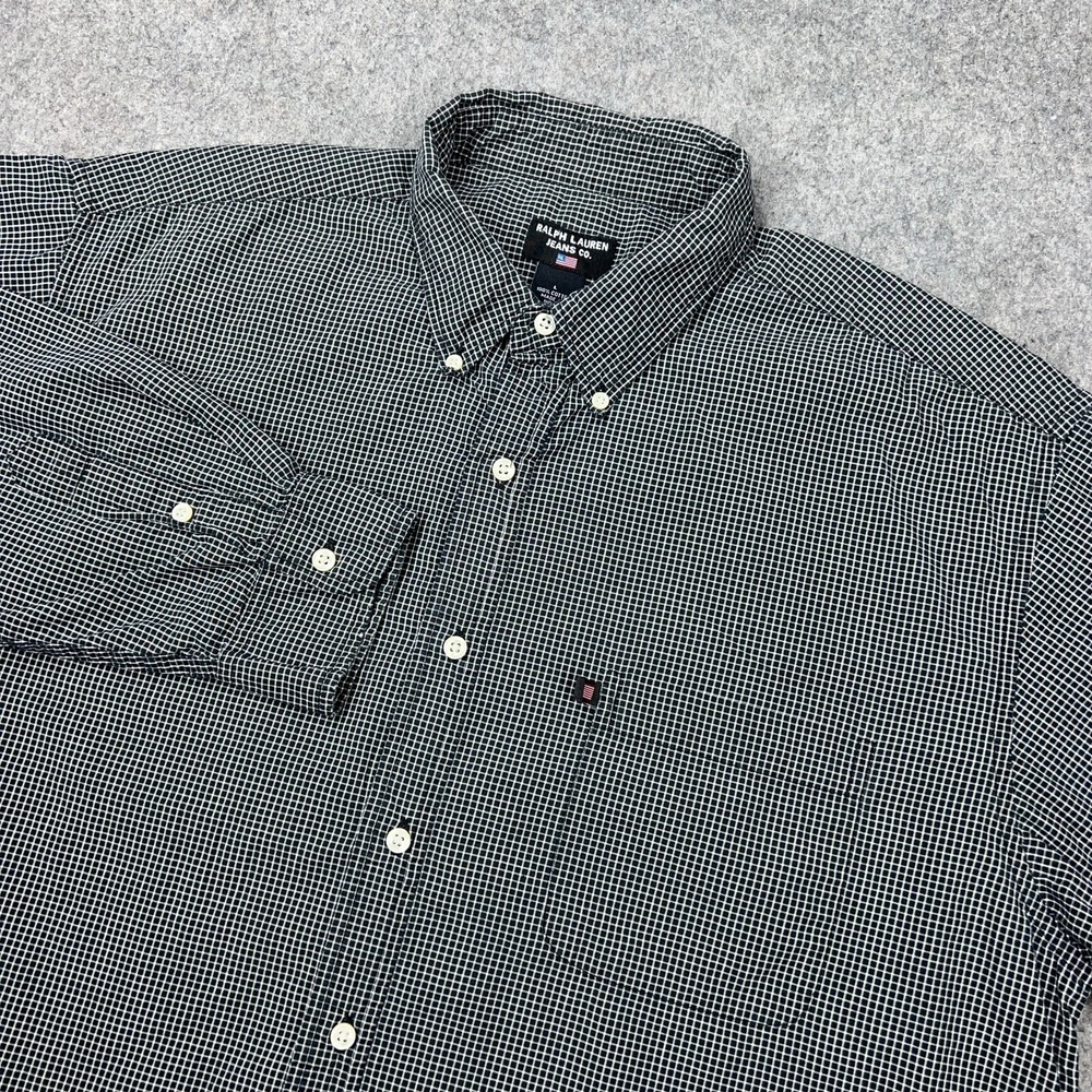 VTG Ralph Lauren Shirt Mens Large Black Check Button Down USA Flag Jeans Co 90s‎